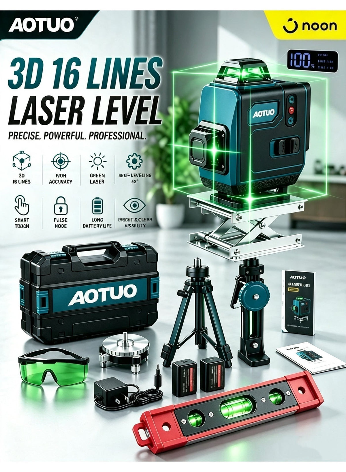 مستوى ليزر أخضر 4x360° بـ 16 خطًا مع حامل ثلاثي القوائم، …
