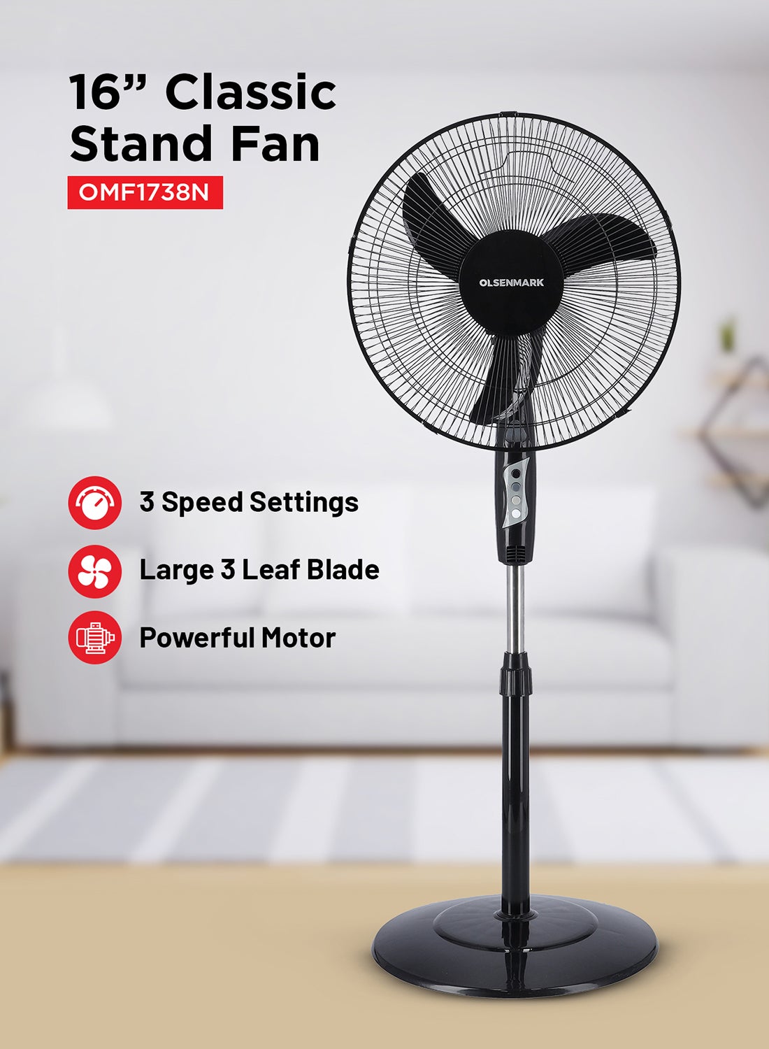 مروحة منتصبة على عمود بثلاث سرعات 45 W OMF1738NH أسود