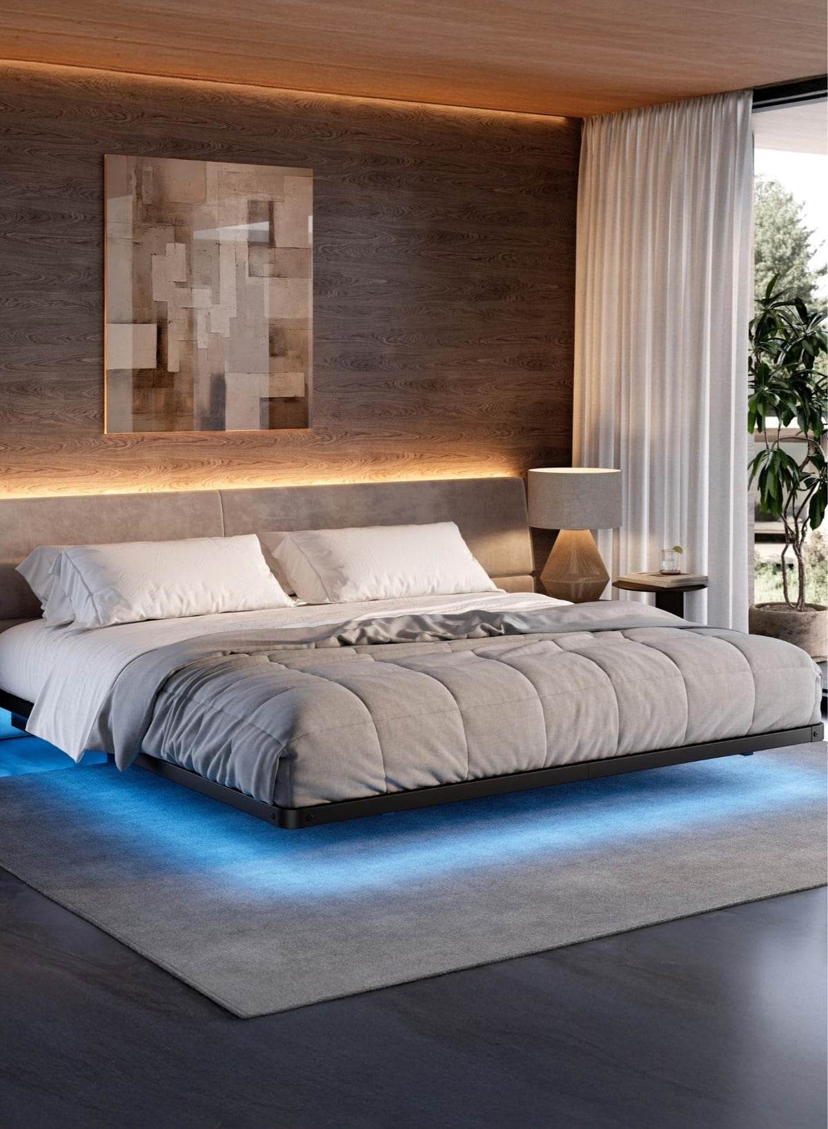 إطار سرير عائم بإضاءة LED - تصميم عصري بإطار معدني لمقاسا…