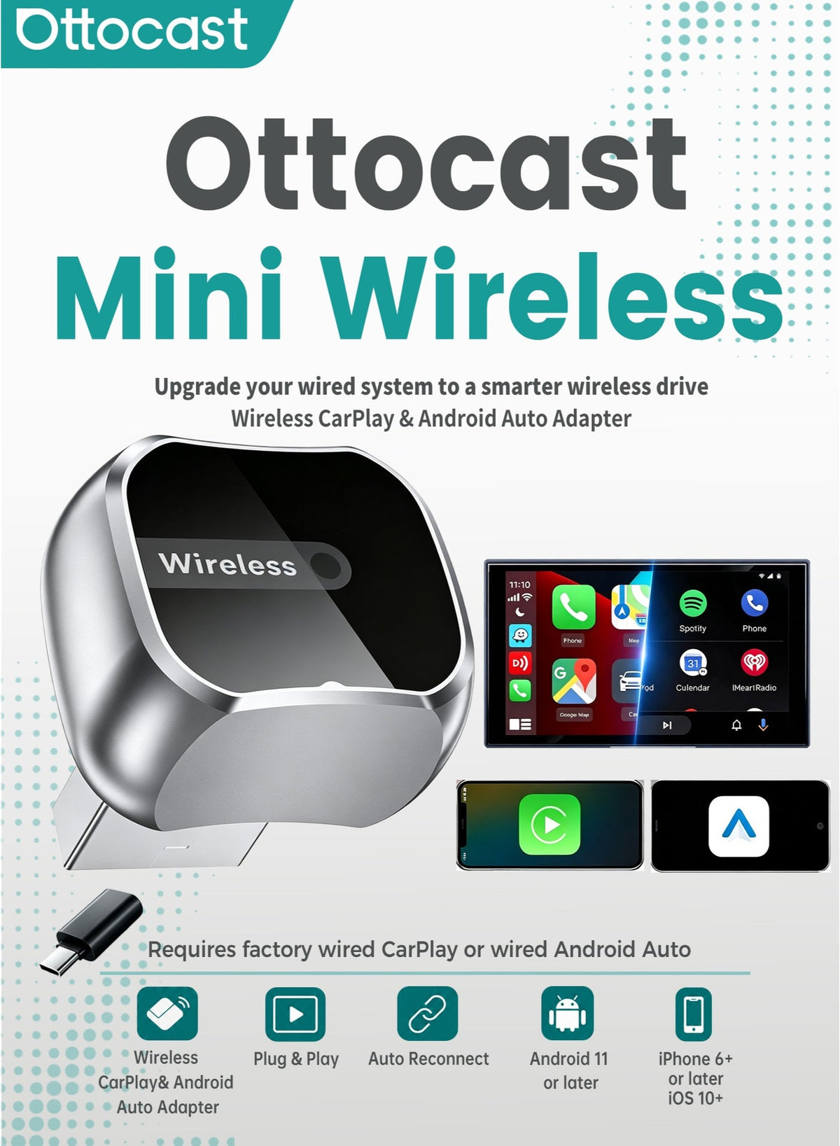 محول OTTOCAST CP88-M2 كاربلاي وأندرويد أوتو لاسلكي للسيار…