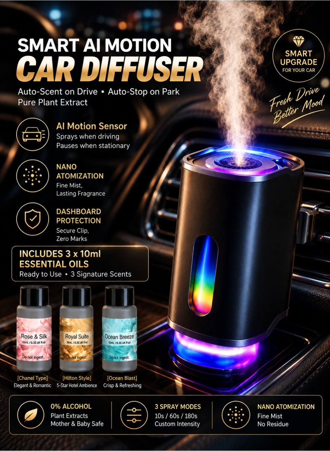 معطر سيارة ذكي باللون الأسود الملكي من تانماشي، موزع عطر …