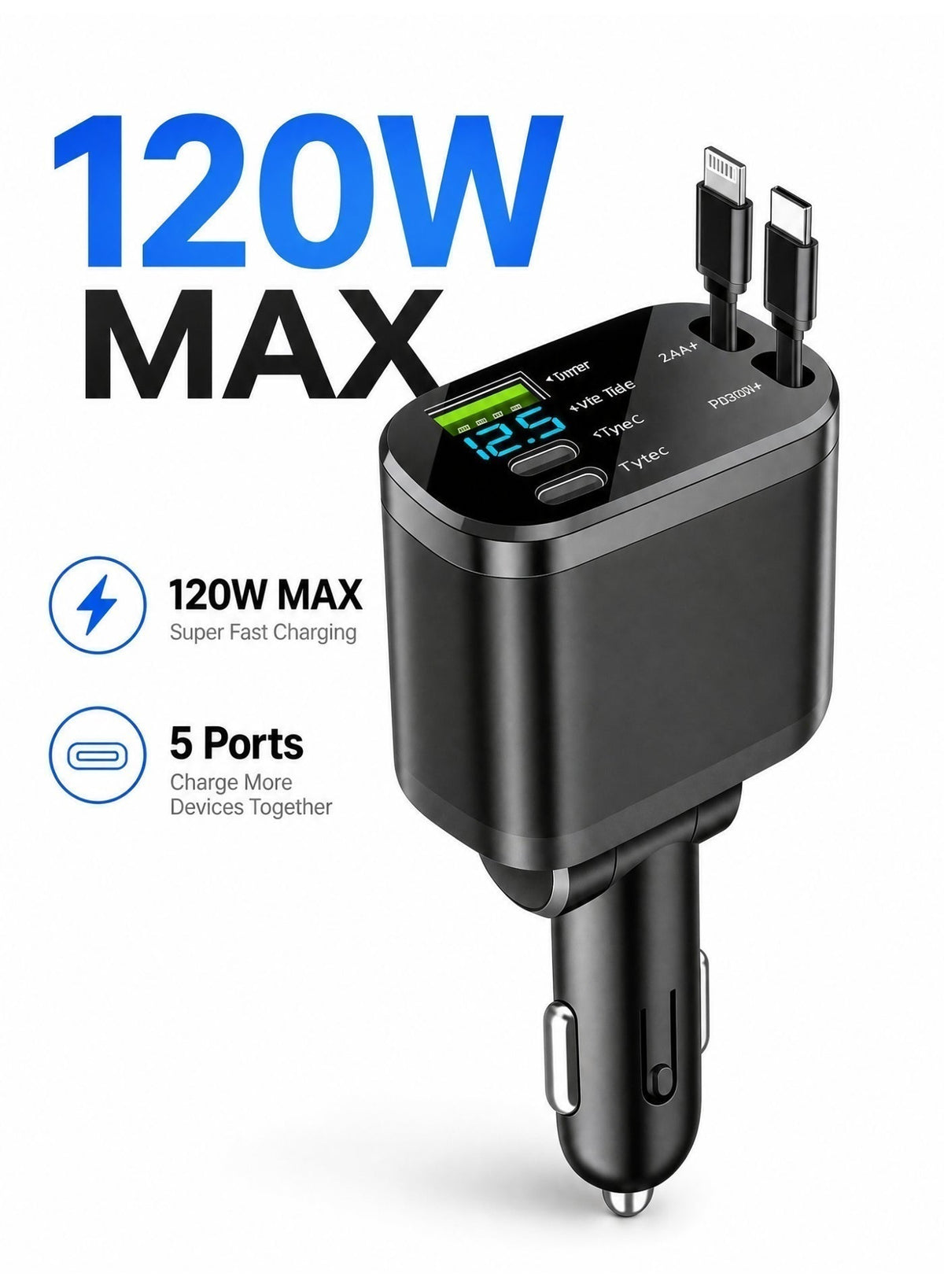 شاحن سيارة 120 واط، شاحن سيارة USB PD 5 في 1 بشحن سريع من…