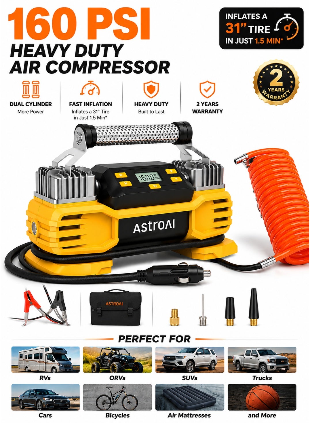 ضاغط هواء مضخم الإطارات AstroAI 12V DC 160PSI مع شاشة ، أ…
