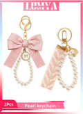 2Pcs Pink Bow Keychain for Women, Pearl Wristlet Keyring,…