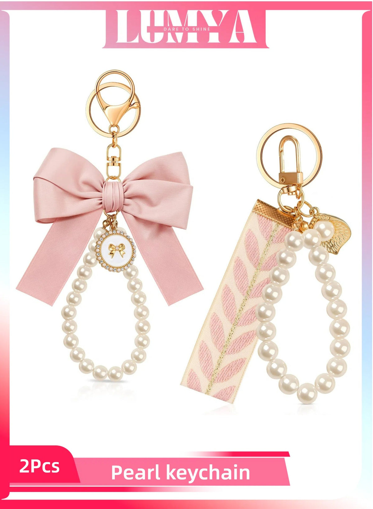 2Pcs Pink Bow Keychain for Women, Pearl Wristlet Keyring,…