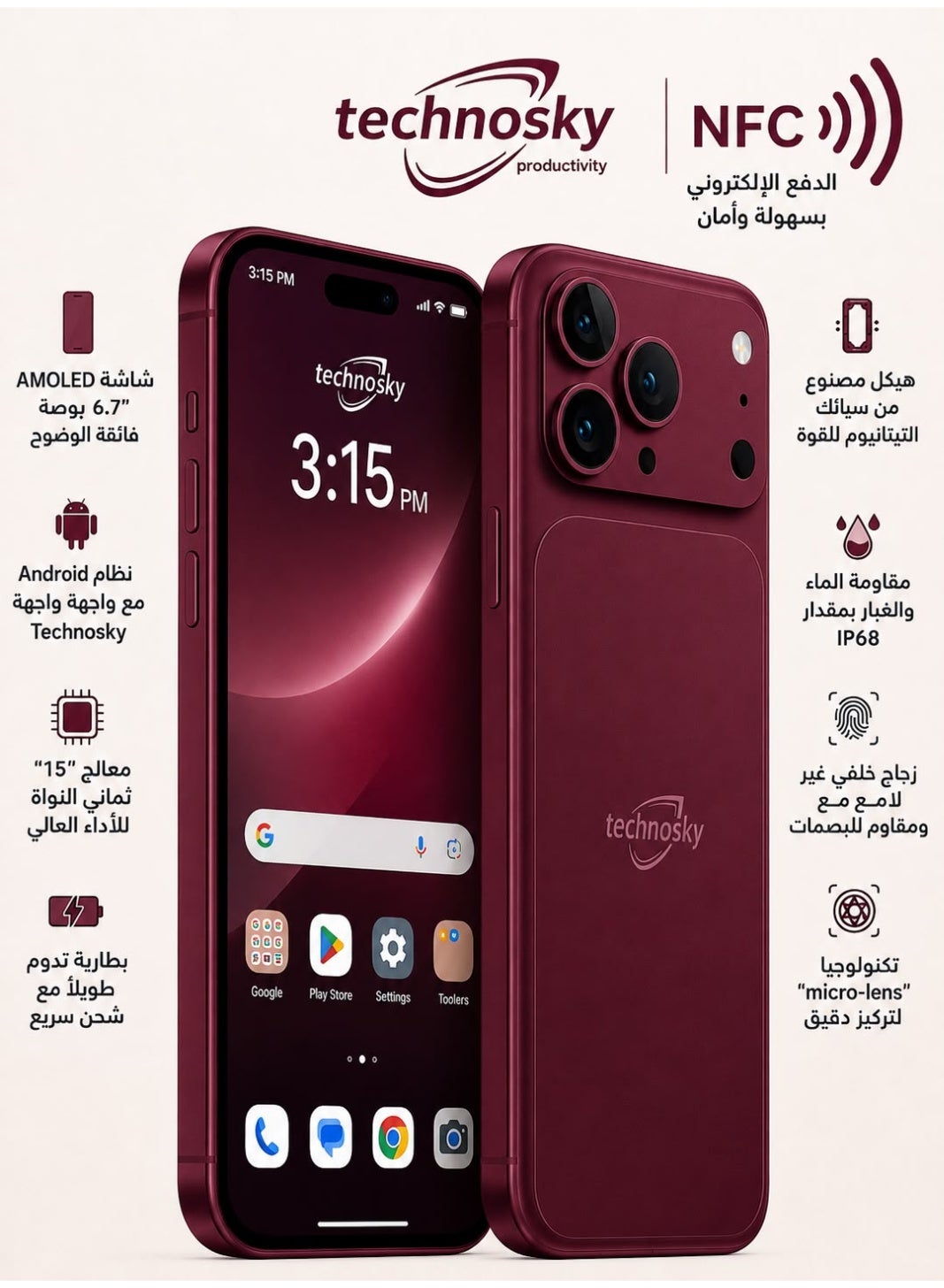هاتف ذكي تكنو سكاي 17 PRO MAX شبكة 5G شاشة عريضة عنابي اح…