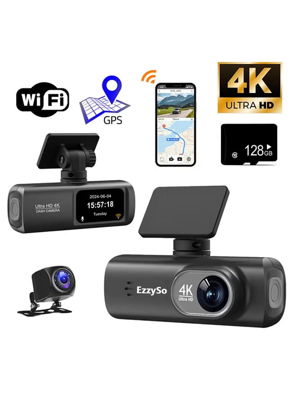 كاميرا داش UHD 4K للسيارات عدسة مزدوجة أمامية وخلفية 3840…
