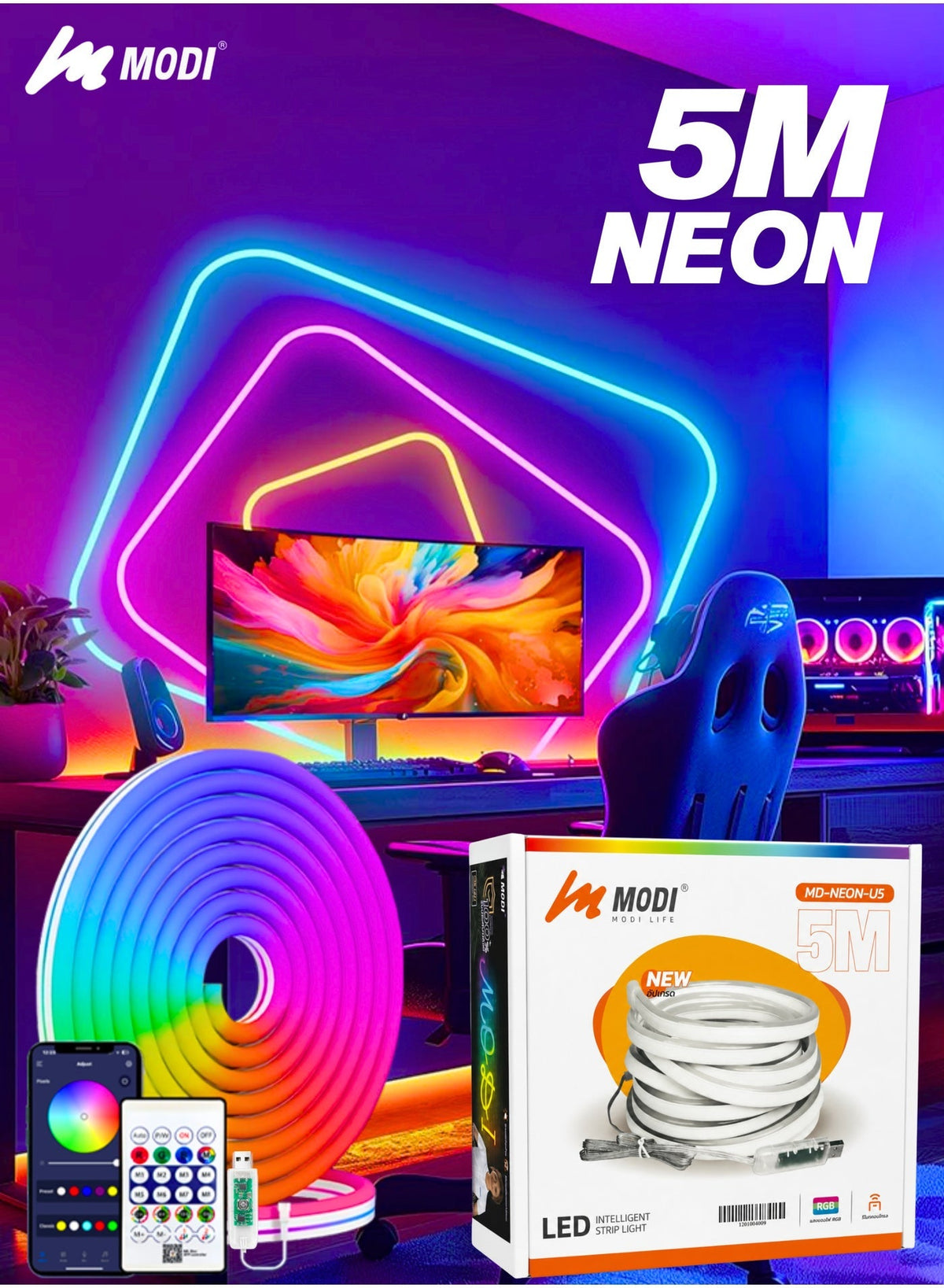 شريط إضاءة نيون LED RGB بطول 5 أمتار، يعمل بمنفذ USB بجهد…